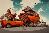 Digital cartoon illustration of scary car crash on the road. Red destroyed automobiles in a vehicle collision accident. Automobile wreck in a concept art. Dramatic auto crash wreckage scene.