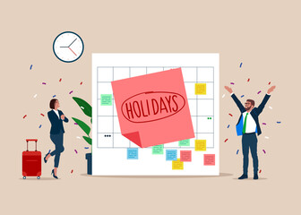 Company holidays for employees. Big calendar, business people jumping with joy to celebrate long holidays or vacation. Flat modern vector illustration. 