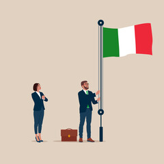 Wall Mural - Businessman and woman in suit, male raising waving flags of Italy. Vector illustration.
