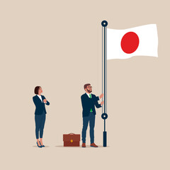 Wall Mural - Businessman and woman in suit, male raising waving flags of Japan. Vector illustration.