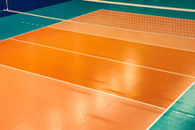 Backdrop Sports Image Of Volleyball Courts In Sport Hall. Volleyball Court With Net In Old School Gym, Top View, Copy Space. Concept Of Team Game, Active Match, Healthy Lifestyle And Team Success