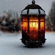 Shallow focus shot of glowing Christmas lantern covered in frost and snow
