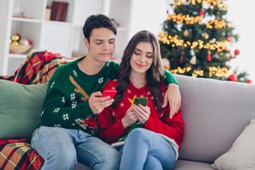 Poster - Portrait photo of young cute lovely pretty couple sitting home relaxing hugs together enjoy chatting online browsing new year offers indoors