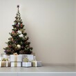 Beautiful Christmas tree decorated with ornaments, a shiny star on the top, and presents below