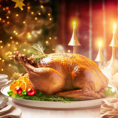 Wall Mural - Juicy and tasty roast turkey on plate with Christmas decoration.