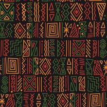 African Ethnic Tribal Clash Ornament Seamless Pattern Background. Simple Hand Drawn Symbols Background In Traditional African Colors - Black, Red, Yellow, Green. Kwanzaa Decorative Print