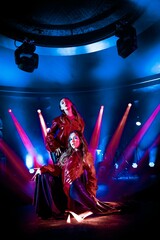 Vertical shot of two attractive women posing on a club stage with neon lights in the background