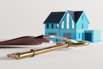 Poster - Home key on the background of the house and light background. The concept of buying an apartment, getting your first apartment. 3D render, 3D illustration.