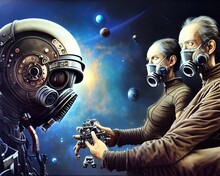 Skinny Old People Wearing Gas Masks In A Space Apocalypse, Surreal