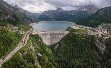 Panoramic View Of Water Dam In Alps, France, Renewable Energy