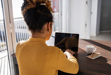 Female programmer using laptop at home