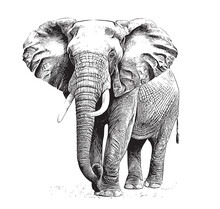 Elephant Standing Hand Drawn Engraving Style Sketch Vector Illustration.