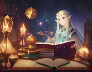Wall Mural - Elven anime character casting a spell
