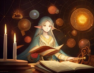 Wall Mural - Elven anime character casting a spell