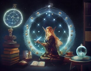 Wall Mural - Elven anime character casting a spell