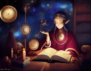 Wall Mural - Elven anime character casting a spell