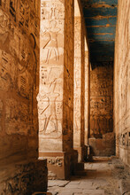 Carved Columns And Decorated Ceiling At Medinet Habu