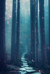 Wall Mural - Mystical magical forest at night with glowing lights