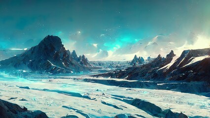 Wall Mural - Alien planet with frozen ice rocks under the night sky