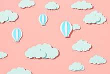 Hot Air Balloon Flying On The Sky With Cloud. Paper Art Style
