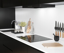 Kitchen Interior In Black Ad White Tones,  Countertop With Utilities