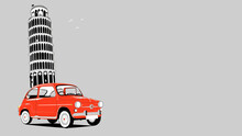 Postcard Of The Tower Of Pisa With A Red Classic Car. Vintage Classic Red Fiat Car Next To The Tower Of Pisa Vector Illustration.