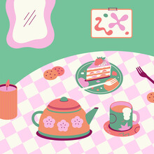 Vector Composition With Kettle, Cups, Cake And Flowers.