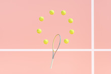 Sports: Tennis Rackets And Balls On Pink Court. 