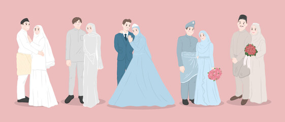 Wall Mural - Muslim wedding couple characters, Bride and groom in Muslim style.