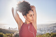 Fitness, stretching and black woman with headphones in city for warm up to start running. Wellness, health and girl doing workout, stretch and exercise on mountain listening to music, track and audio