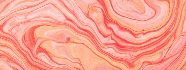 Abstract fluid art background red and pink glitter colors. Liquid marble. Acrylic painting with coral gradient.