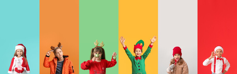 Wall Mural - Collage with cute children in Christmas costumes on color background