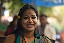 Portrait Of An Indian Woman Wearing Traditional Sari Dress At Outdoors