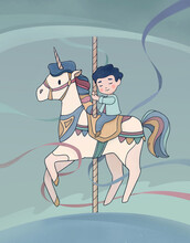 Illustration With Carousel Horse And Boy