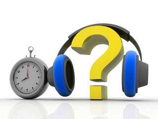 Poster - 3d rendering question mark connected headphone with clock