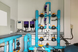 Fototapeta  - Image background of inside mechanical room of pipeline system for swimming pool.