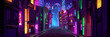 Empty night city street with neon lights. Vector cartoon illustration of modern megalopolis architecture, shops, apartment buildings. Windows of skyscrapers glowing in green, yellow, blue, red colors