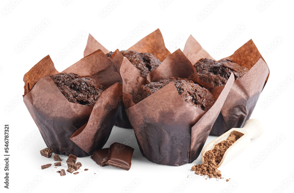 Delicious chocolate muffins isolated on white background