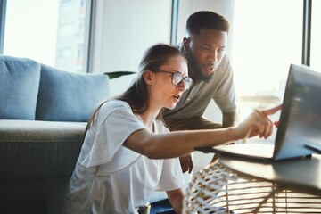 Aufkleber - Collaboration, laptop and freelance with a man and woman entrepreneur remote working from home as a team. Computer, business and planning with a male and female employee at work on their startup