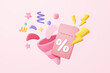 3d party poppers with flying confetti and tags sale promotion. Firecracker explodes with ribbon explode for surprise, online shopping in new year sale. 3d promo icon vector render illustration
