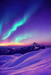 Wall Mural - snow mountains with background of milky way , huge aurora hanging in the clean dark purple night sky
