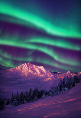 Wall Mural - snow mountains with background of milky way , huge aurora hanging in the clean dark purple night sky