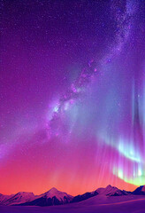 Wall Mural - snow mountains with background of milky way , huge aurora hanging in the clean dark purple night sky