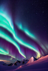 Wall Mural - snow mountains with background of milky way , huge aurora hanging in the clean dark purple night sky