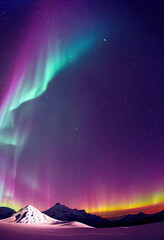 Wall Mural - snow mountains with background of milky way , huge aurora hanging in the clean dark purple night sky