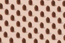 Pine Cones Repeated Pattern On Beige Background.