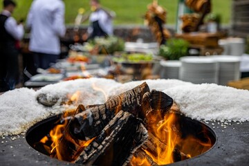 Sticker - Close-up of fire with fish in sea salt around it with the party table and people in the background