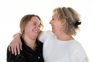 Young woman with her mother women looking at each other loving accomplice isolated on white background