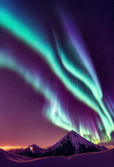 Wall Mural - snow mountains with background of milky way , huge aurora hanging in the clean dark purple night sky