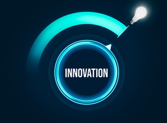 Poster - Blue Innovation meter background with glowing bulb and button handle. Hundred percent Innovation and design backdrop